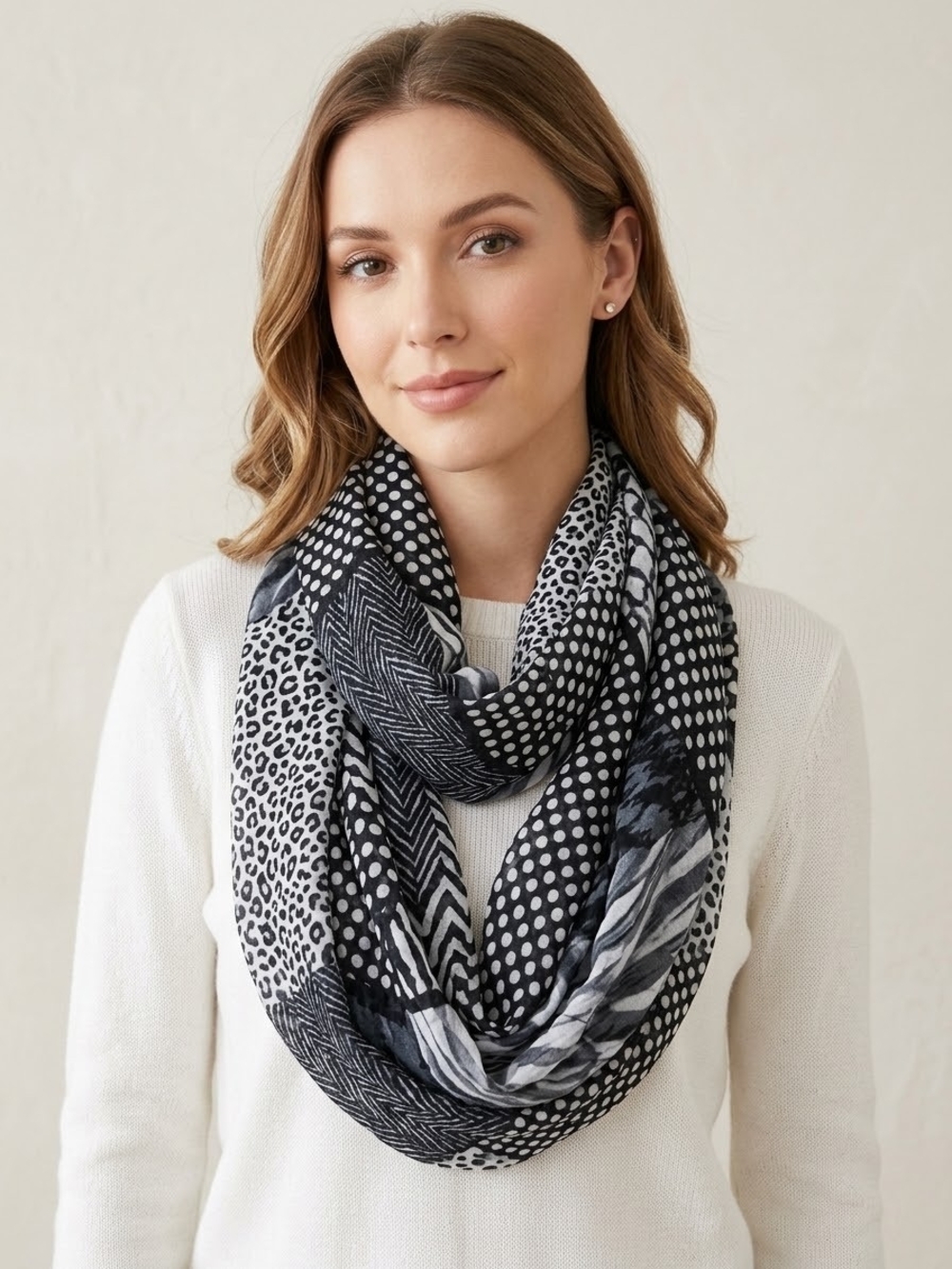 Black & White Patterned Infinity Scarf - Women's Fashion Accessory